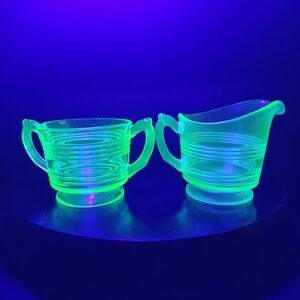 Vintage Uranium Green Glass Creamer and Sugar Set